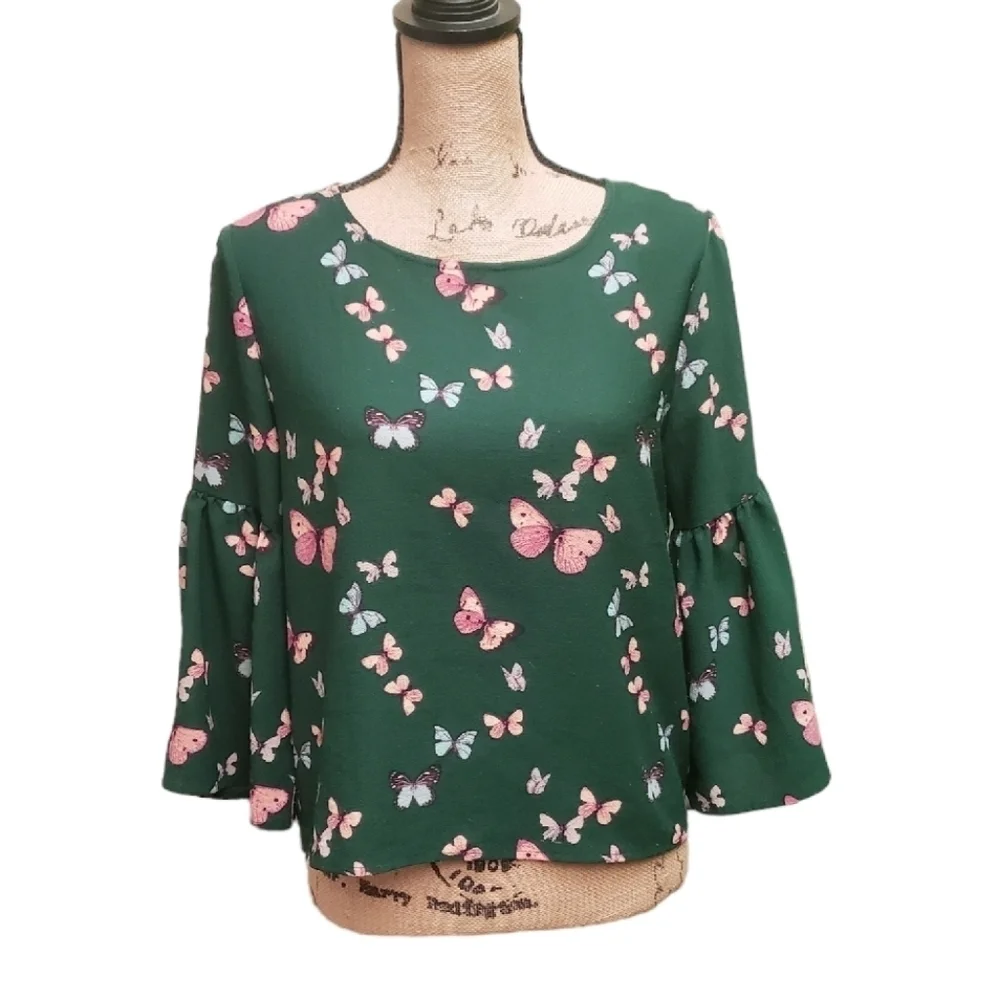 Stella Tweed Crepe Bell Sleeve Top In Emerald Butterfly Print Size M - Picture 2 of 14